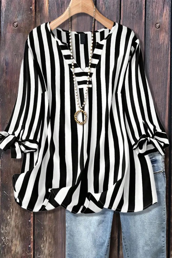 Women's Casual Striped V-Neck Tied Sleeve Top  Versatile Blouse(BUY 2 FREE SHIPPING)