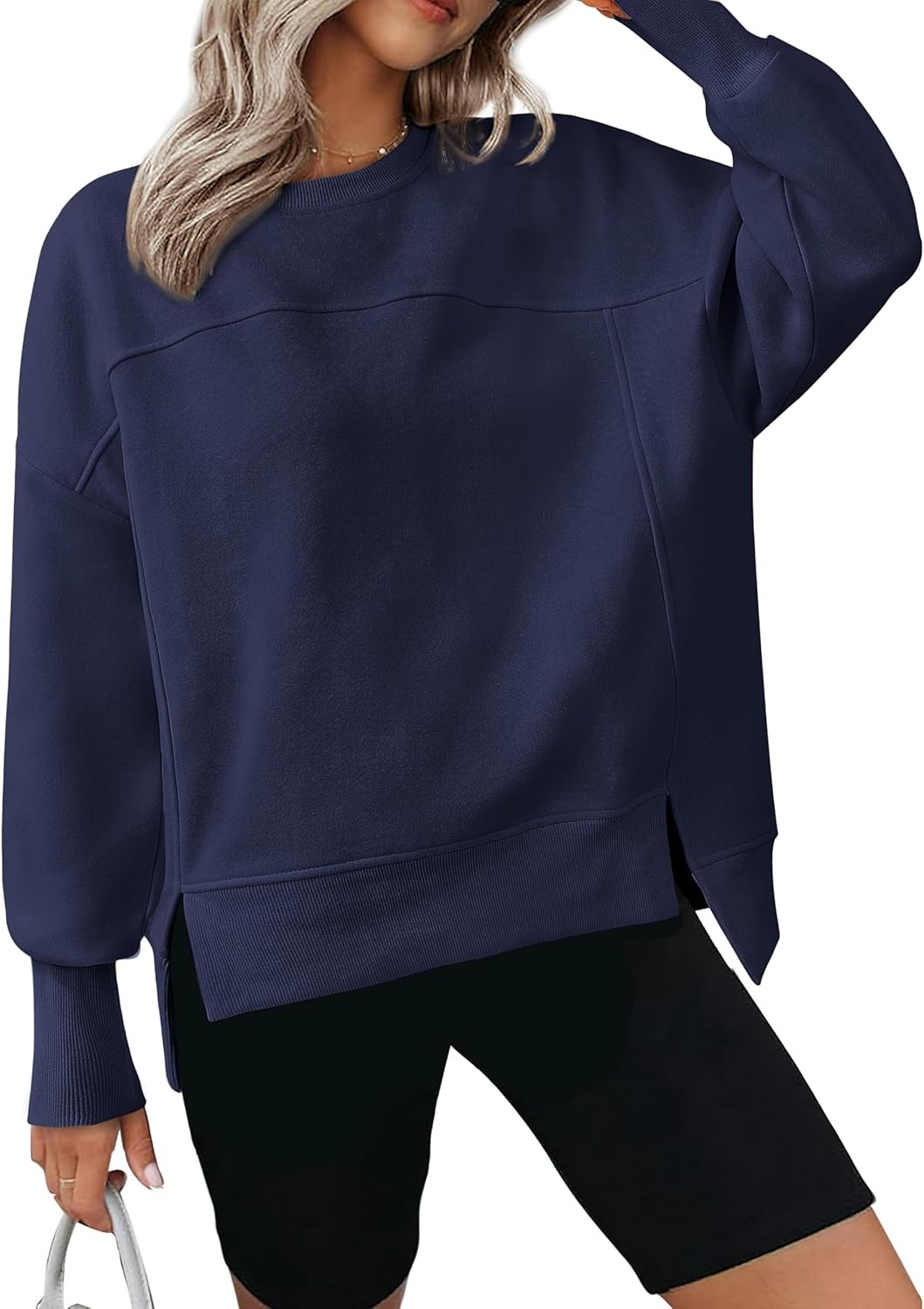 Women's Casual Crewneck Sweatshirts Long Sleeve Side Slit Fleece Pullover Tops(BUY 2 FREE SHIPPING)