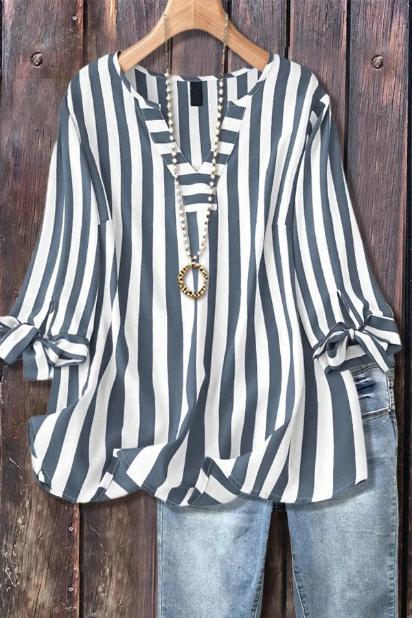 Women's Casual Striped V-Neck Tied Sleeve Top  Versatile Blouse(BUY 2 FREE SHIPPING)