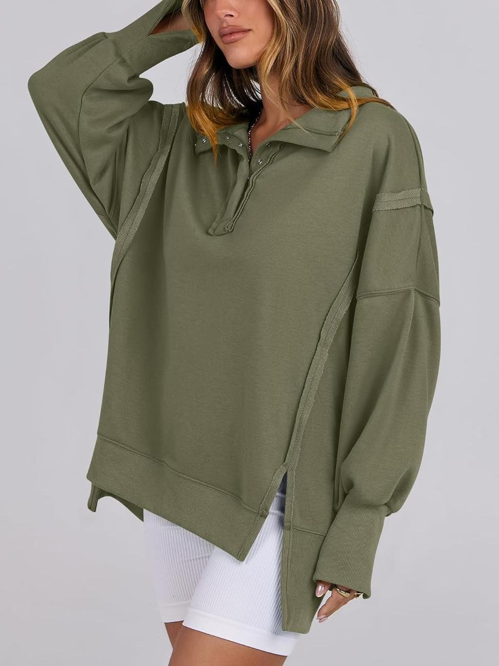 ⏰Hot Sale-Women's Oversized High Low Split Button Up Henley Pullover Top