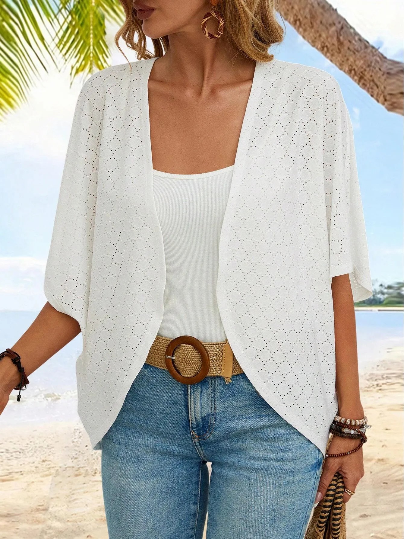 Women's Casual Lightweight Half Sleeve Hollow Cardigan