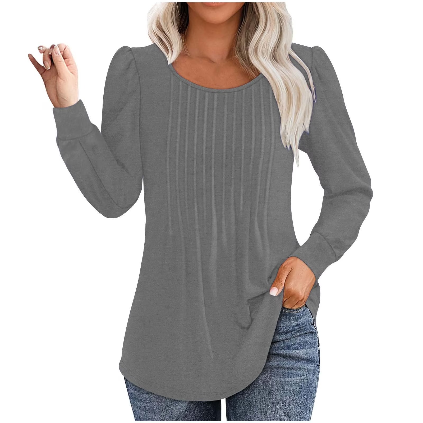 ✨Womens Dressy Long Sleeve Pleated Tops Casual Chic Crew Neck Blouses