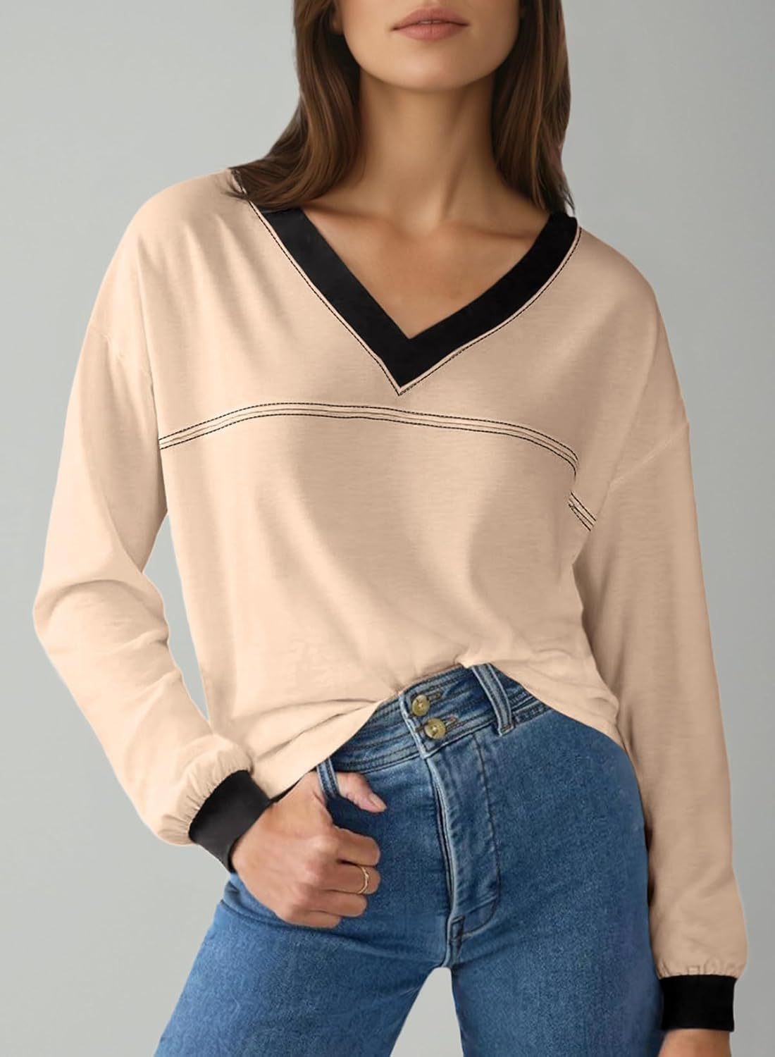 Women's Loose V-Neck Colorblock Sweatshirt（Buy 2 Free Shipping)