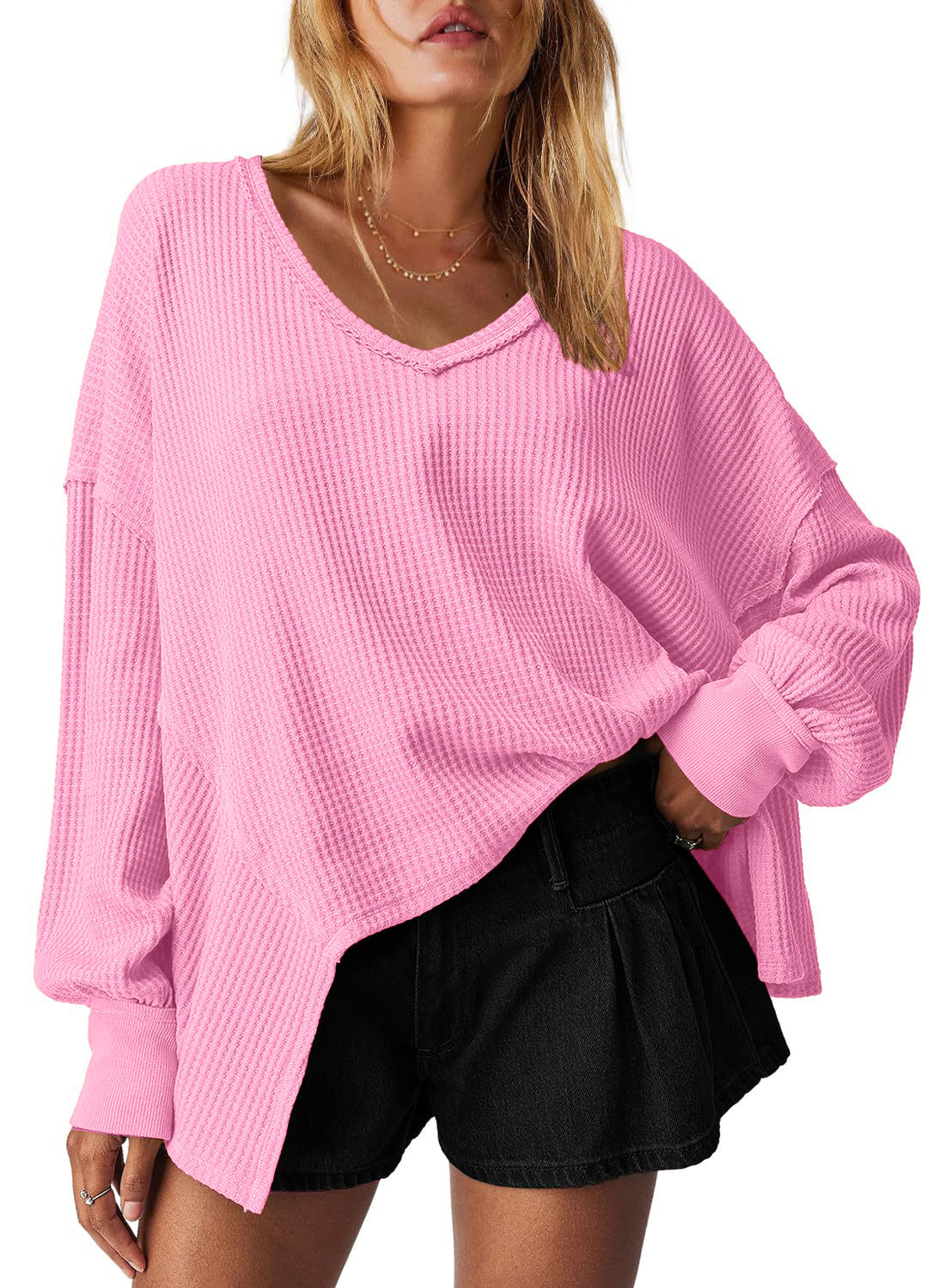 Women's Waffle Knit Oversized V Neck Batwing Long Sleeve Tops 