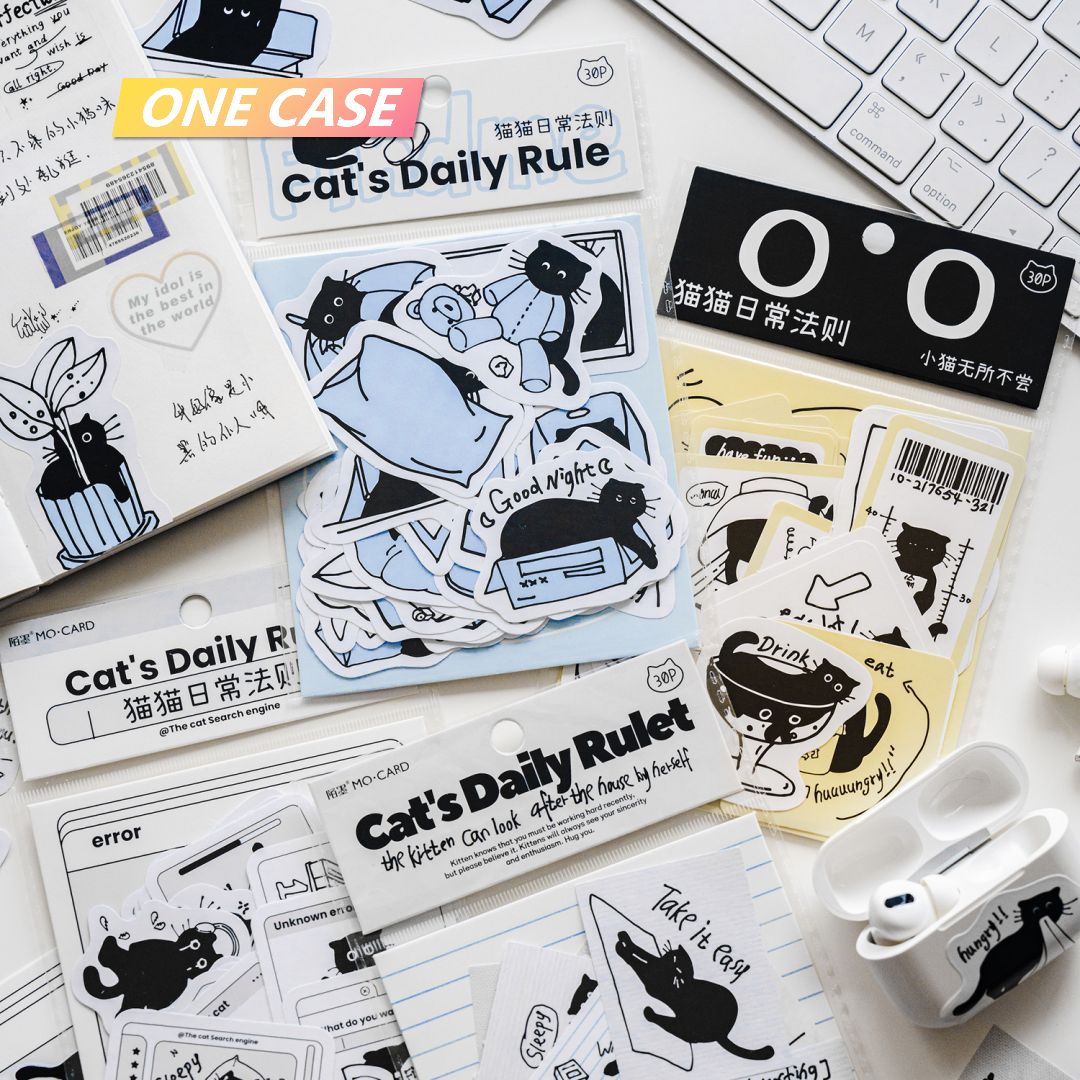 30 Pieces Cute black Cat Fun Diary Sticker Cute Cartoon Black And White Decorative Sticker-ONECASE.STUDIO