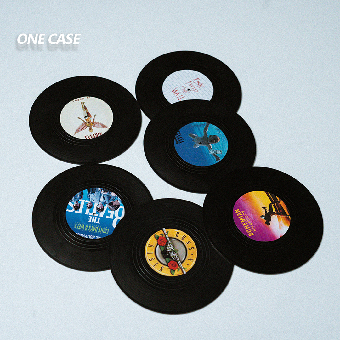 Retro Vinyl Record Coasters Set of 6 Retro CD Disc Design  Non-Slip Vinyl  for Coffee, Tea, Beer, Wine, Home and Bar-ONECASE.STUDIO