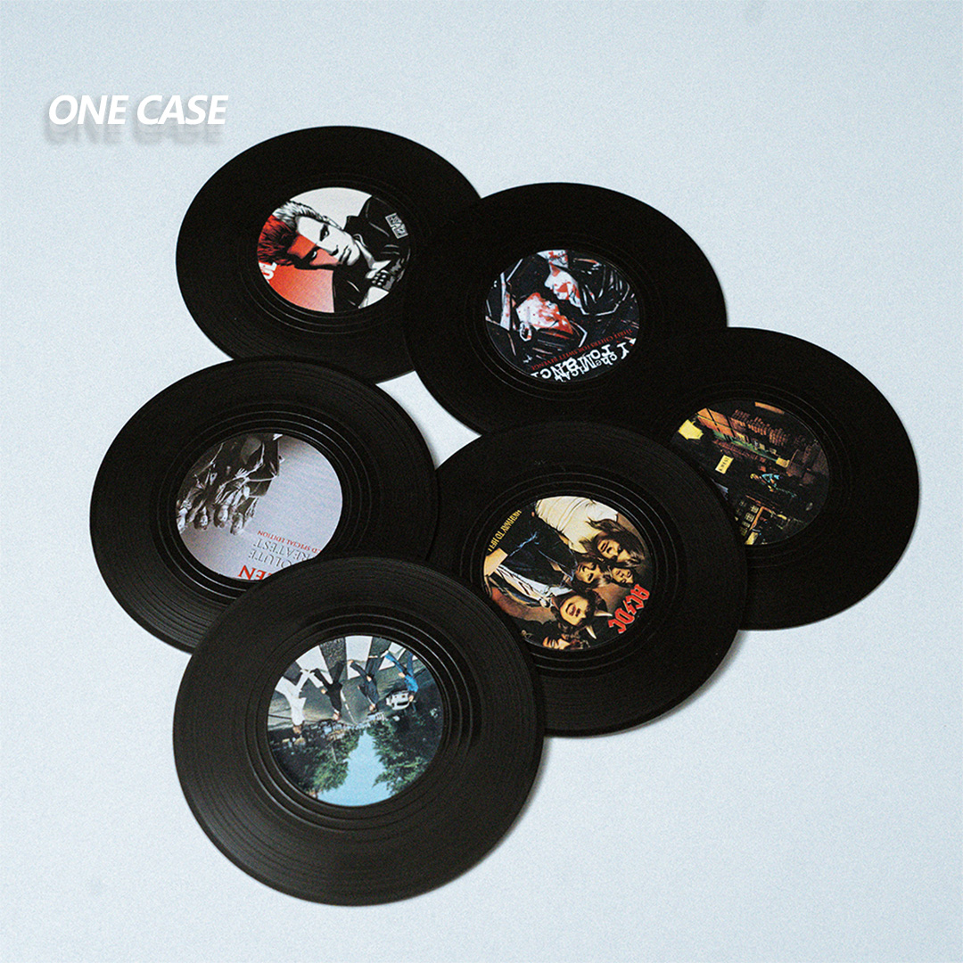 Retro Vinyl Record Coasters Set of 6 Retro CD Disc Design  Non-Slip Vinyl  for Coffee, Tea, Beer, Wine, Home and Bar-ONECASE.STUDIO