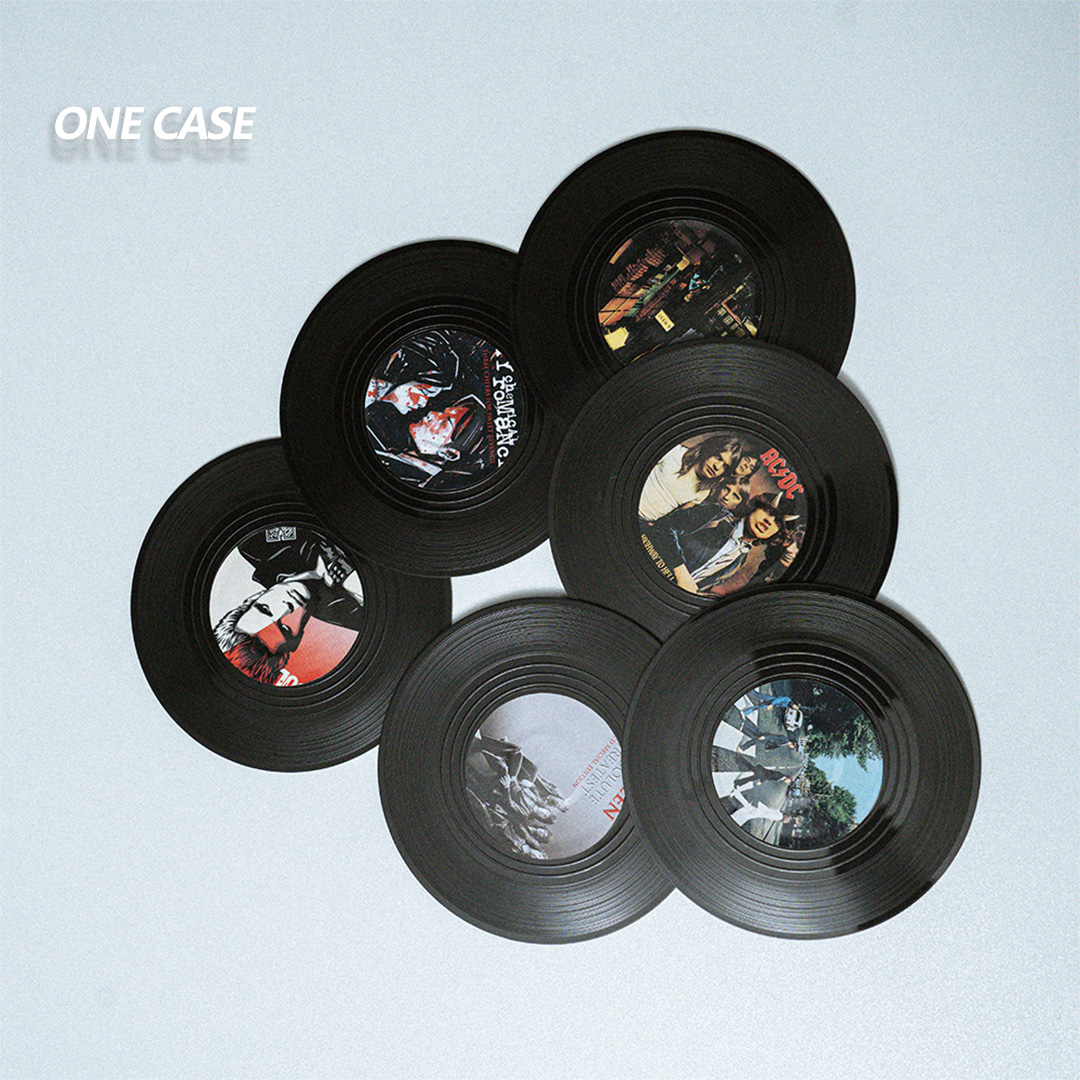 Retro Vinyl Record Coasters Set of 6 Retro CD Disc Design  Non-Slip Vinyl  for Coffee, Tea, Beer, Wine, Home and Bar-ONECASE.STUDIO