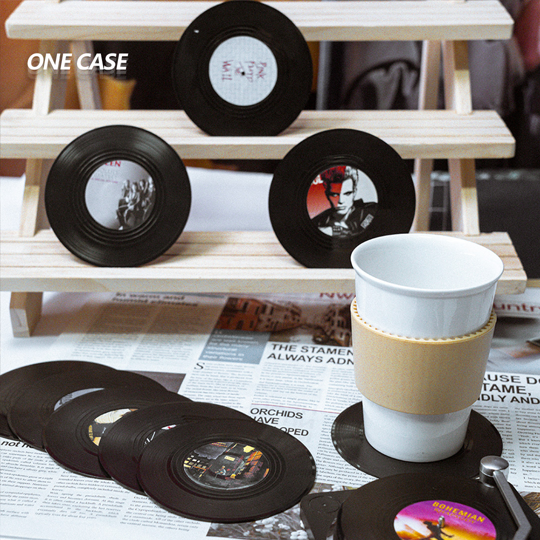 Retro Vinyl Record Coasters Set of 6 Retro CD Disc Design  Non-Slip Vinyl  for Coffee, Tea, Beer, Wine, Home and Bar-ONECASE.STUDIO