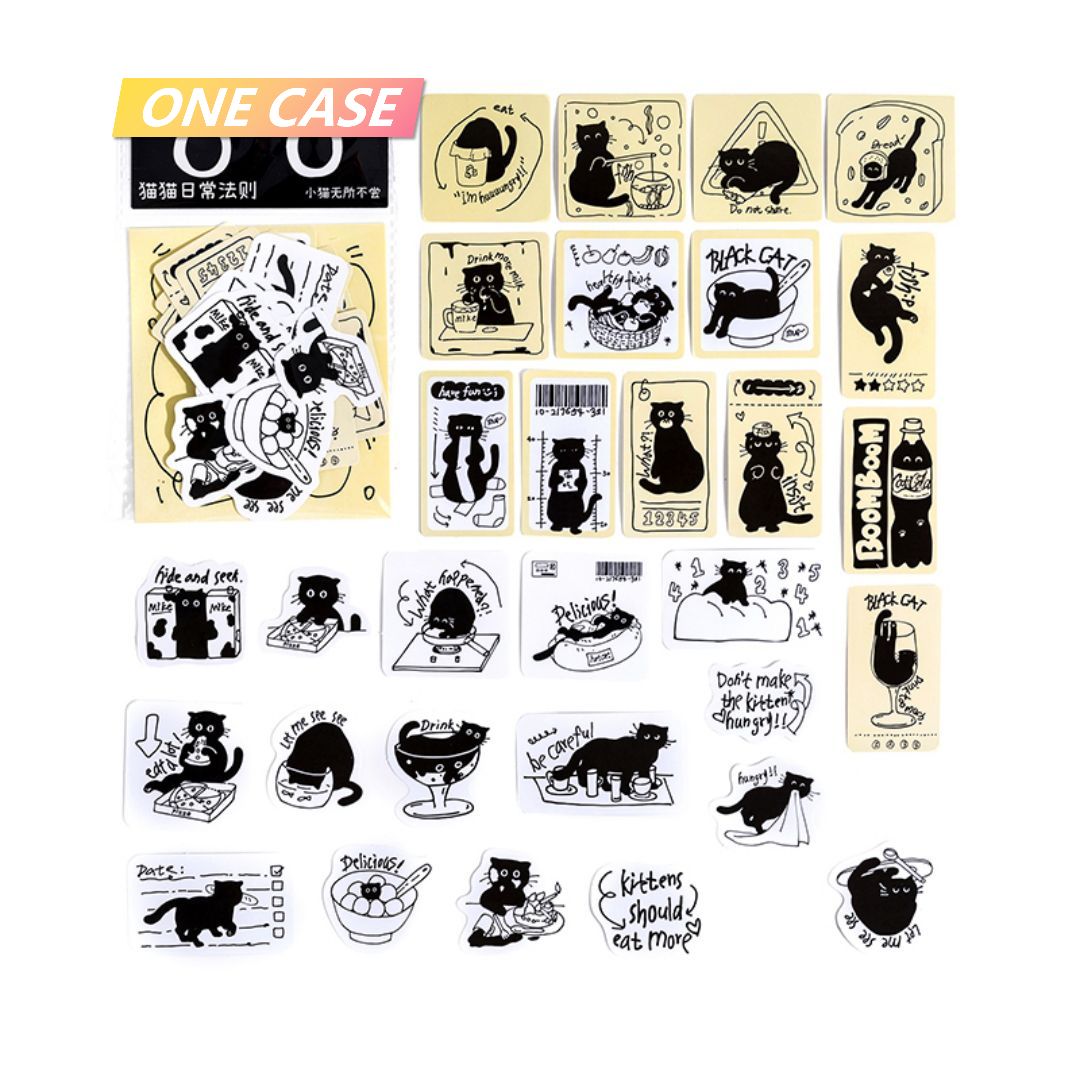30 Pieces Cute black Cat Fun Diary Sticker Cute Cartoon Black And White Decorative Sticker-ONECASE.STUDIO