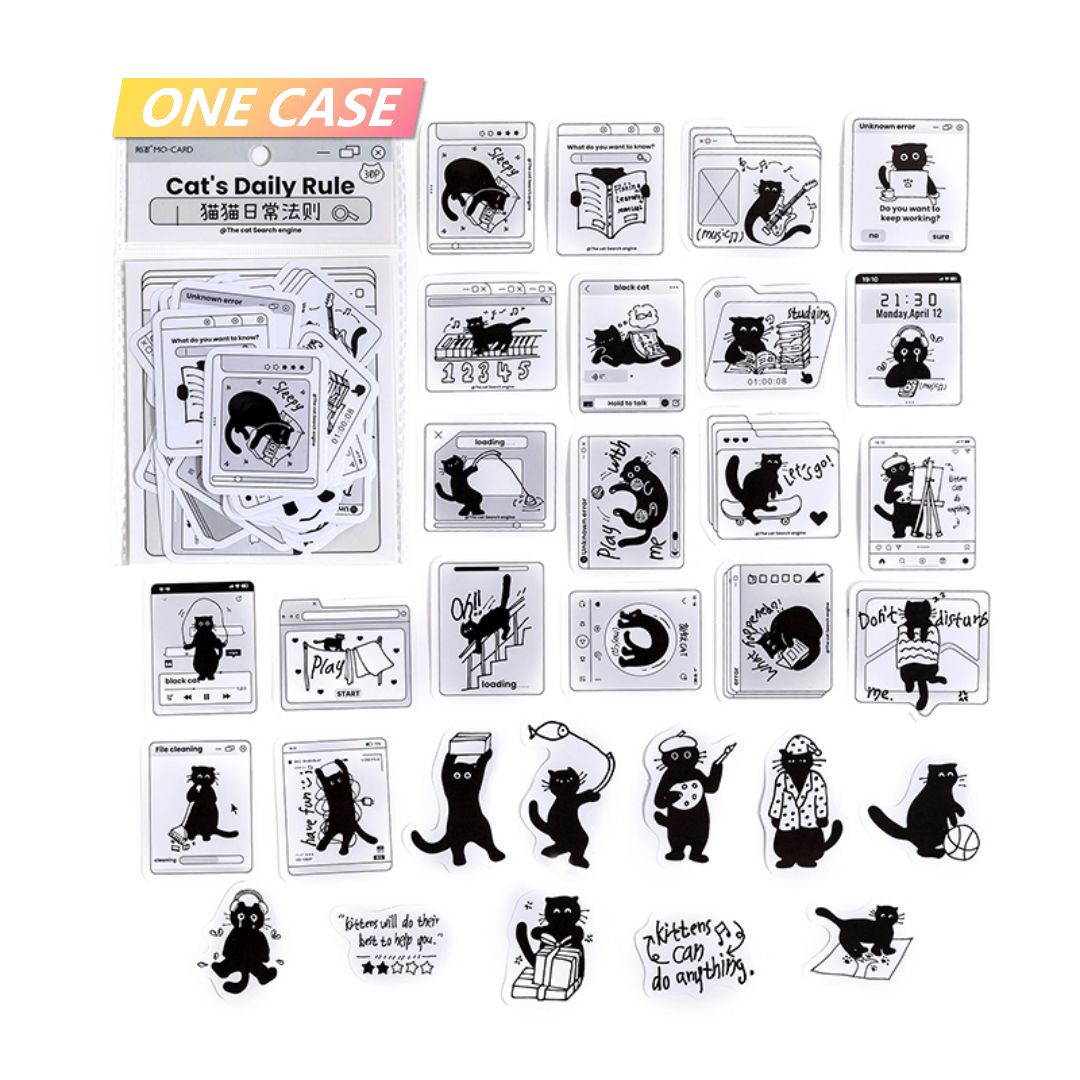 30 Pieces Cute black Cat Fun Diary Sticker Cute Cartoon Black And White Decorative Sticker-ONECASE.STUDIO