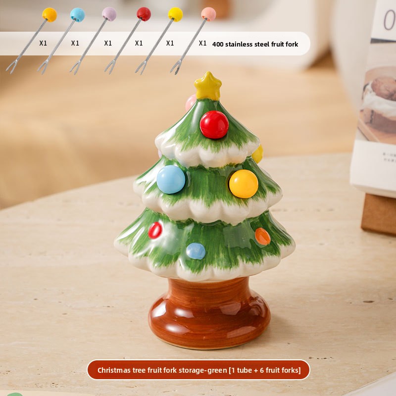 Christmas Tree Fruit Fork Set: Ceramic Storage Jar + Stainless Steel Forks – Festive Table Decor for Christmas
