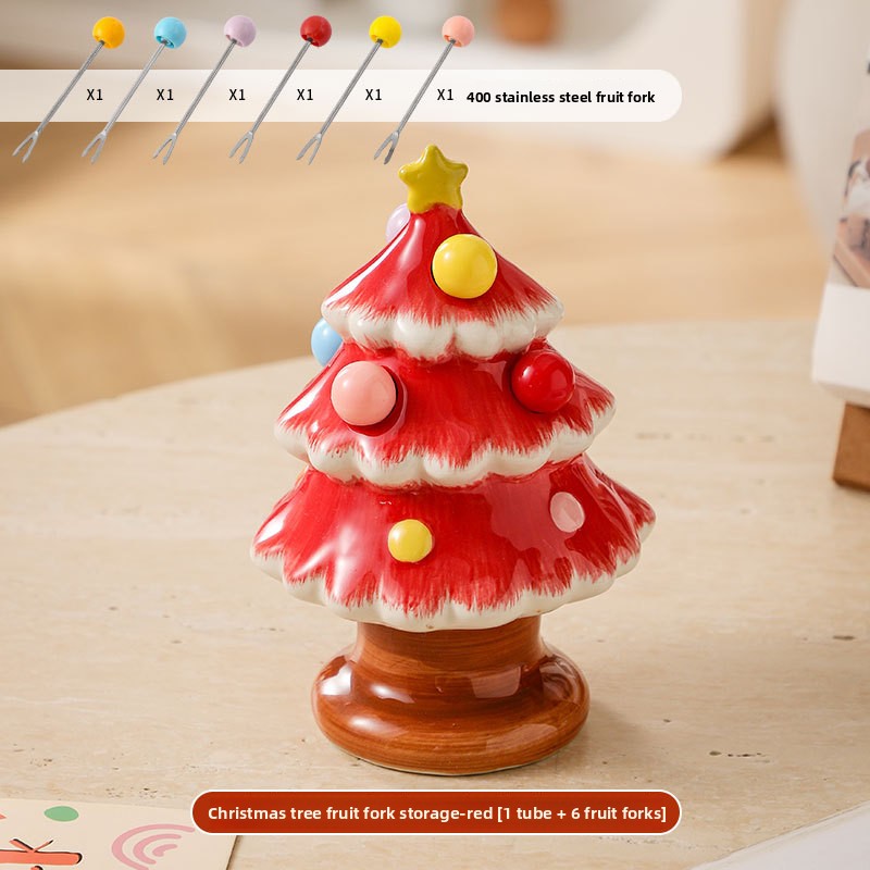 🎄🍴Christmas Tree Fruit Fork Set: Ceramic Storage Jar + Stainless Steel Forks – Festive Table Decor for Christmas🎁
