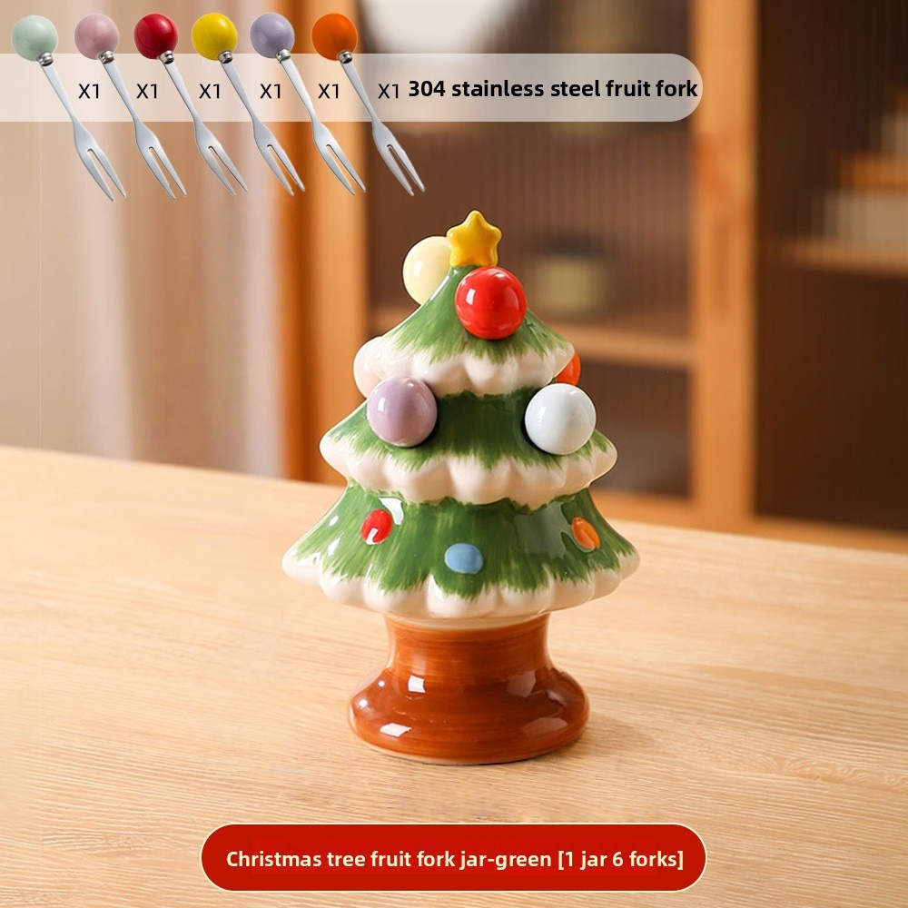 🎄🍴Christmas Tree Fruit Fork Set: Ceramic Storage Jar + Stainless Steel Forks – Festive Table Decor for Christmas🎁