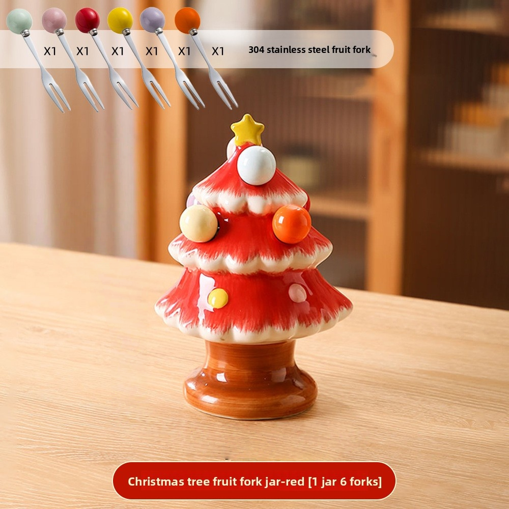 🎄🍴Christmas Tree Fruit Fork Set: Ceramic Storage Jar + Stainless Steel Forks – Festive Table Decor for Christmas🎁