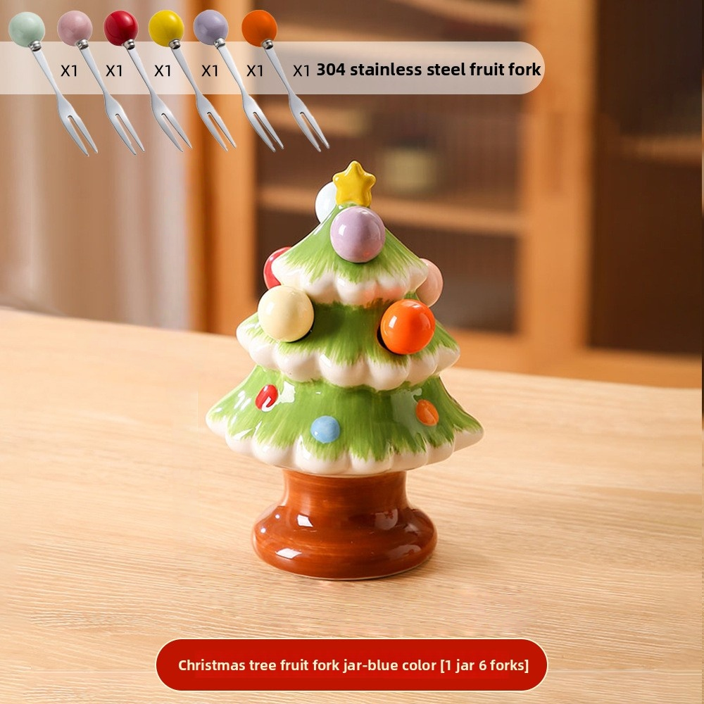 🎄🍴Christmas Tree Fruit Fork Set: Ceramic Storage Jar + Stainless Steel Forks – Festive Table Decor for Christmas🎁