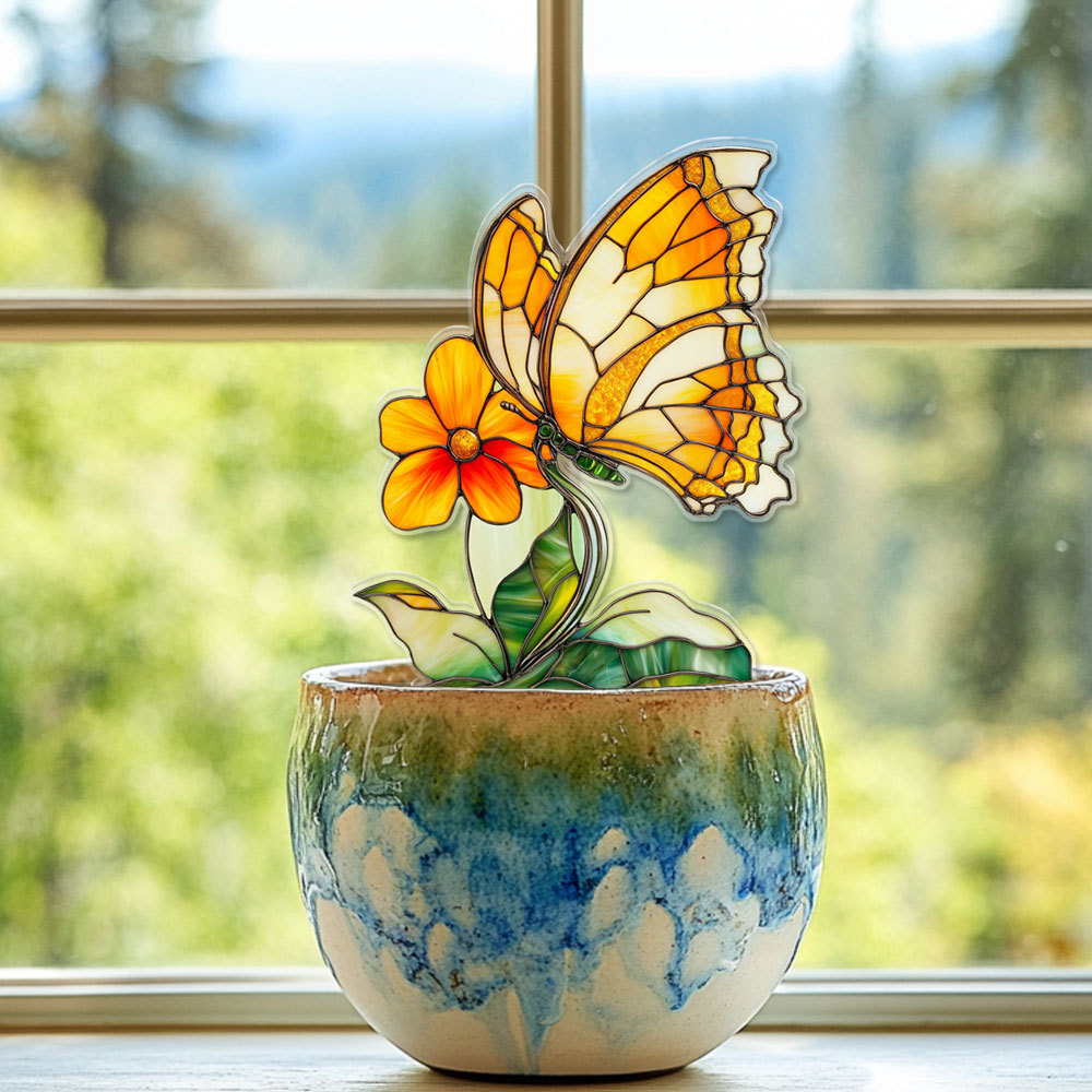  Plant Stained Glass Mushroom Cactus Glass Decor Flower Suncatcher Desk Windowsill Shelf Decor Plant Lover Gifts for Mom Teacher