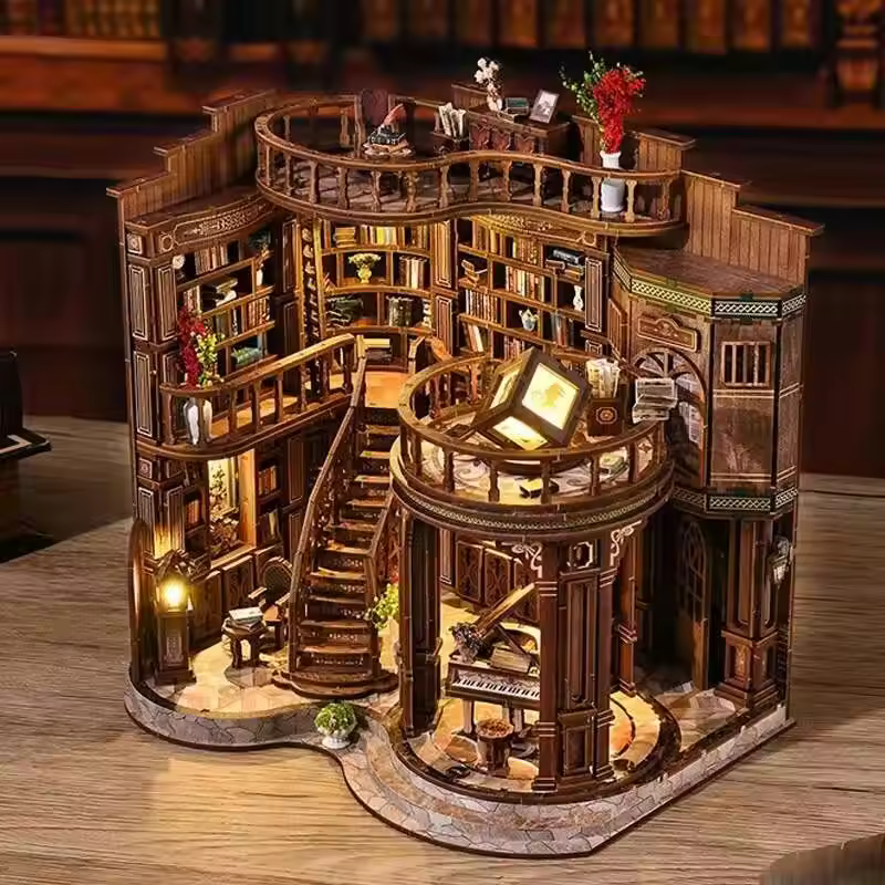 Retro Dreamy Book Hall DIY Wooden House Figurines Miniatures Kits With LED Lights
