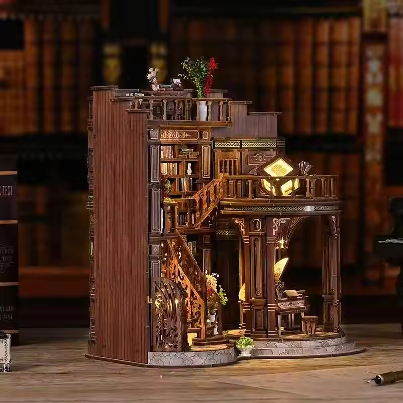 Retro Dreamy Book Hall DIY Wooden House Figurines Miniatures Kits With LED Lights