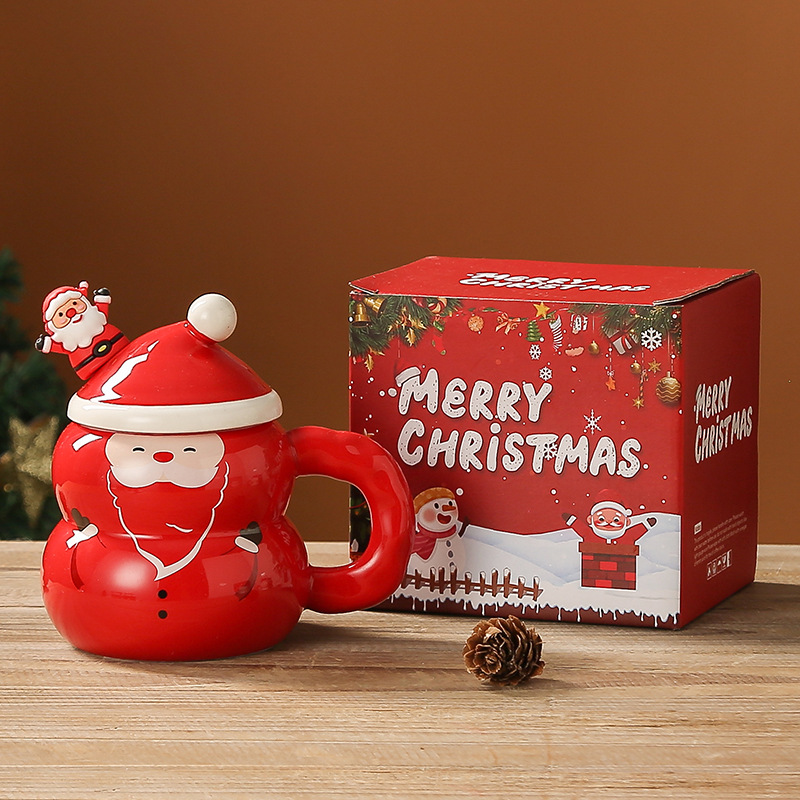 Festive Christmas Ceramic Mugs: Large-Capacity Cartoon Design with Lid & Spoon