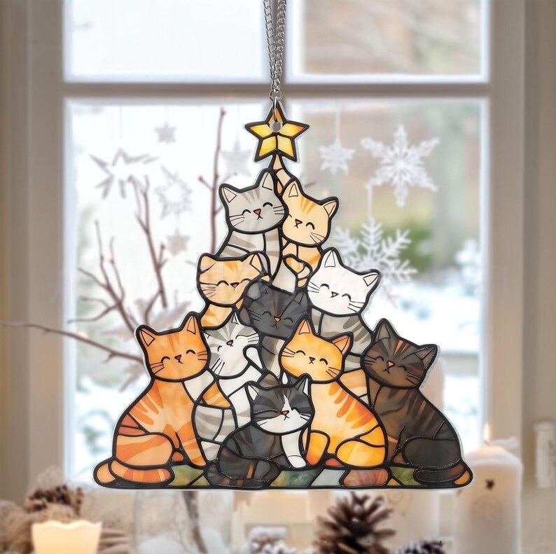 Cat Christmas Tree Sun Catcher Ornament: A Purr-fect Holiday Delight for Cat Lovers