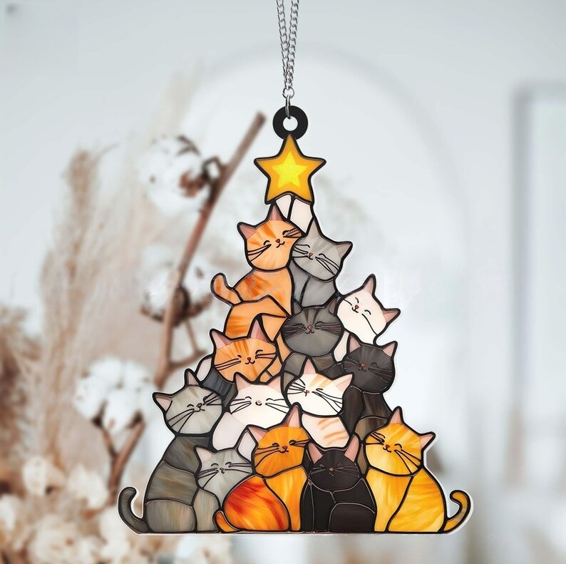 Cat Christmas Tree Sun Catcher Ornament: A Purr-fect Holiday Delight for Cat Lovers