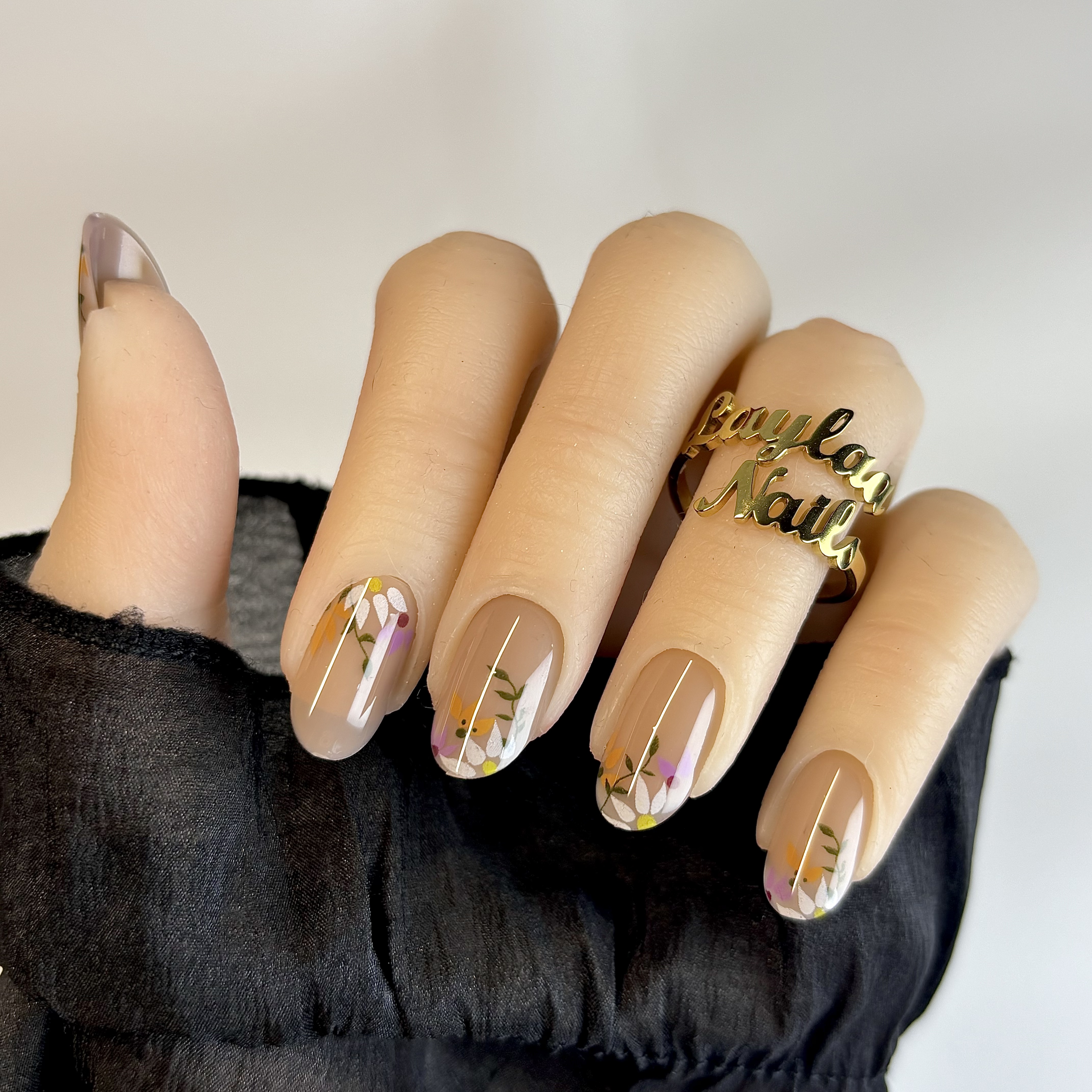 S83 Nude Sunflower Flowers French Tip Almond short nails