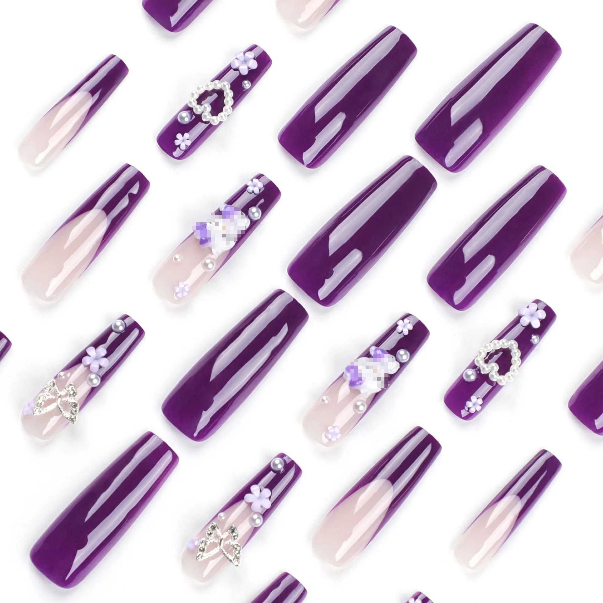 3D Purple Cat Long Nails