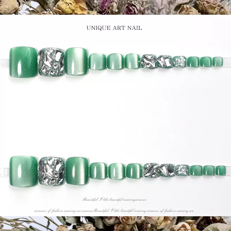 Emerald Green Diamond Press On Toenails