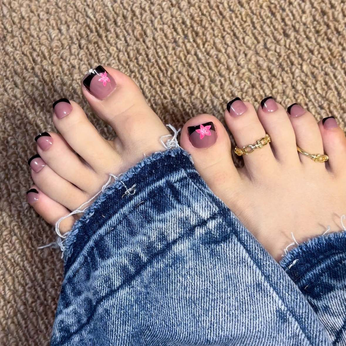 Black French Tips Flowers Toe Nails