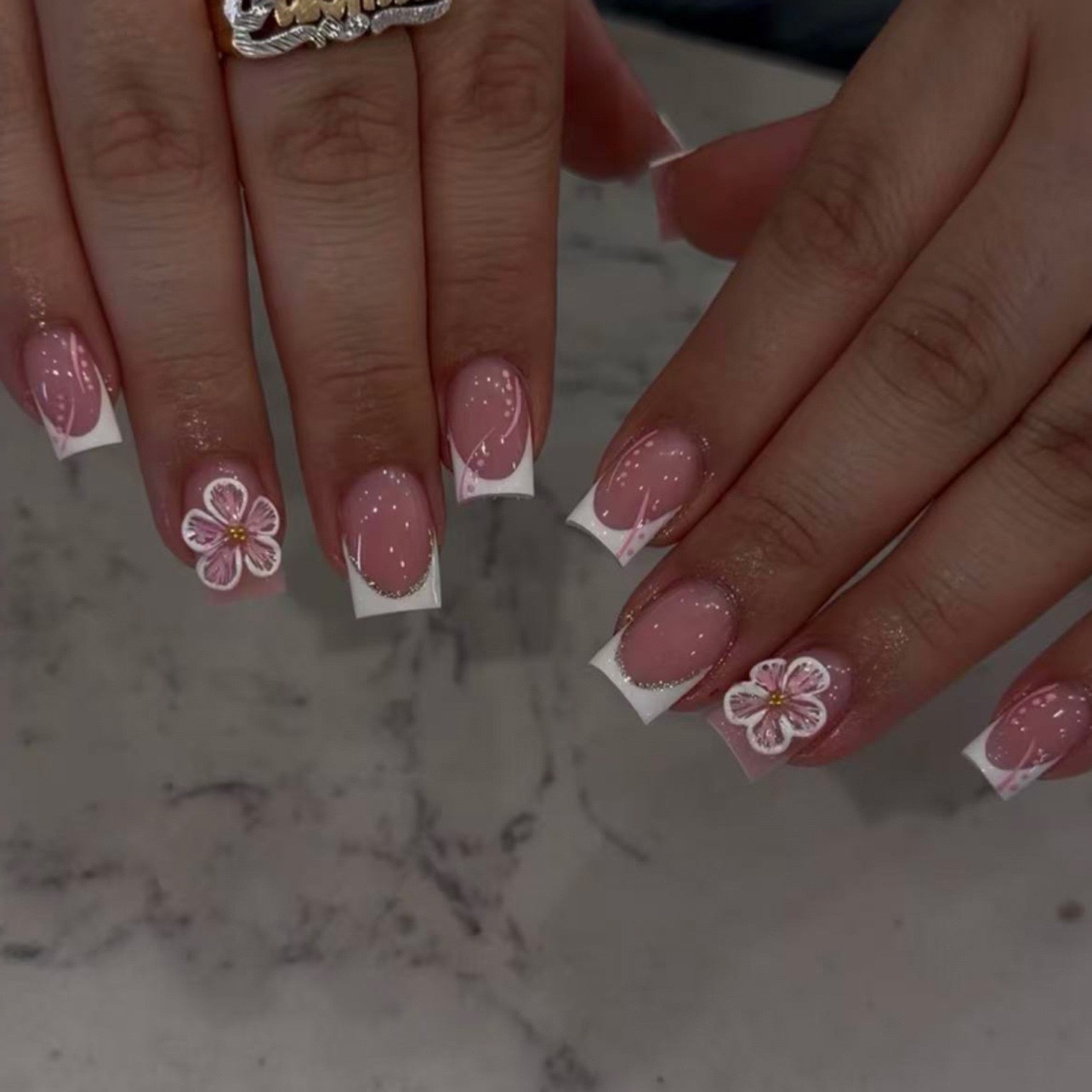 3D Flowers White French Tips Short Nails