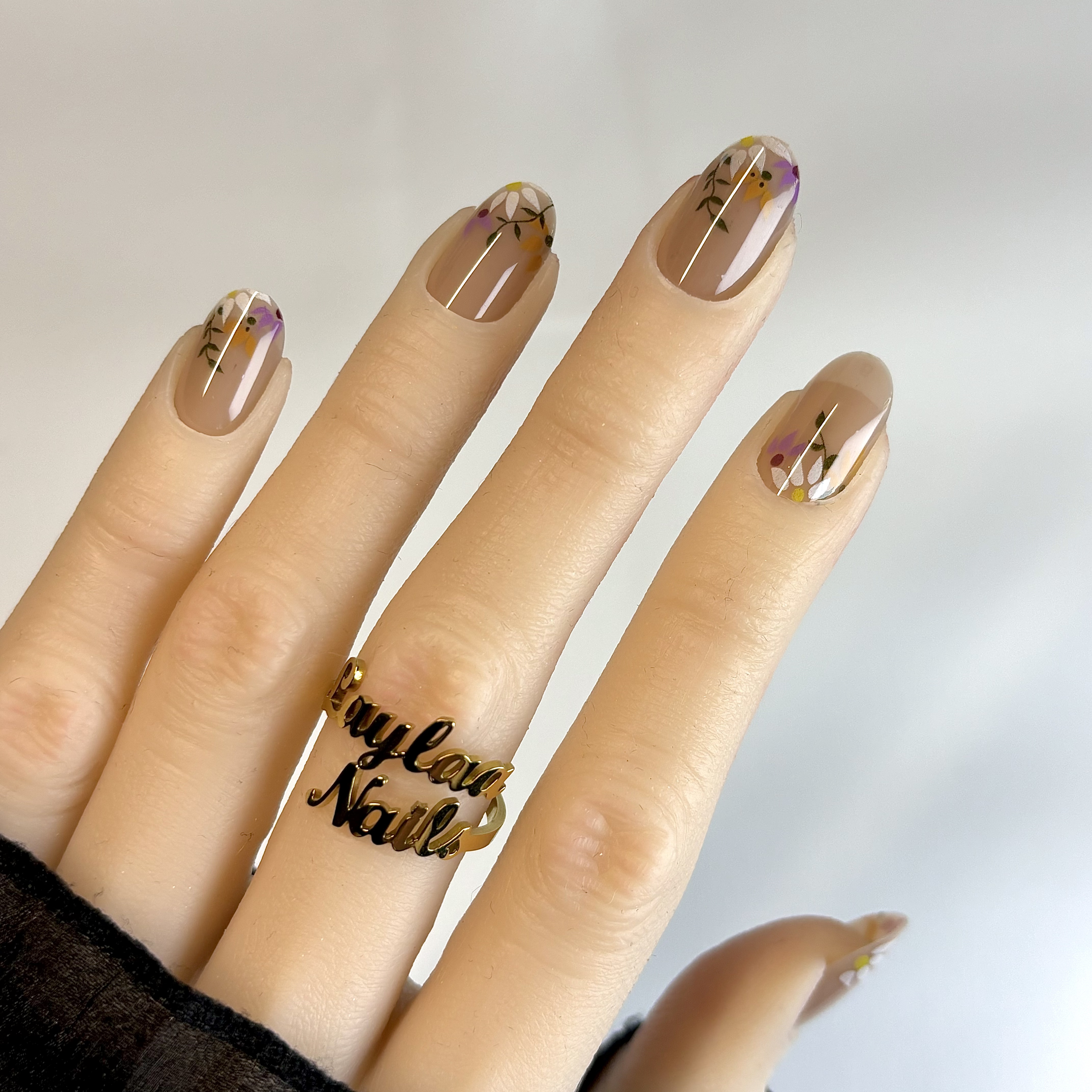 S83 Nude Sunflower Flowers French Tip Almond short nails