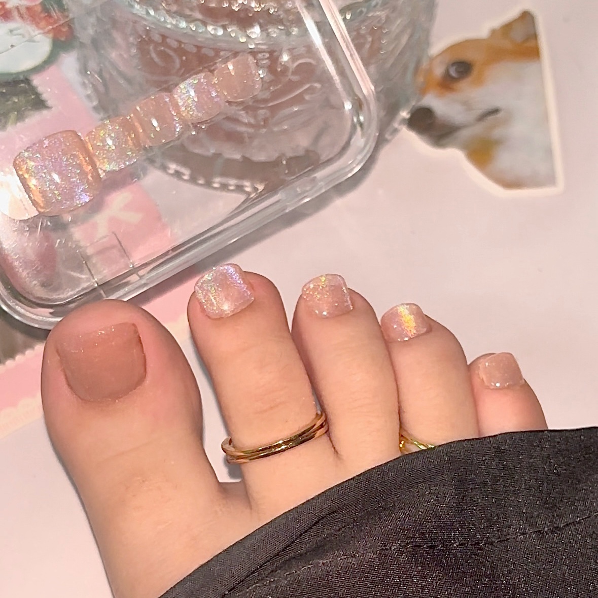 Nude Pink Rainbow Cat Eyes Press On Toenails
