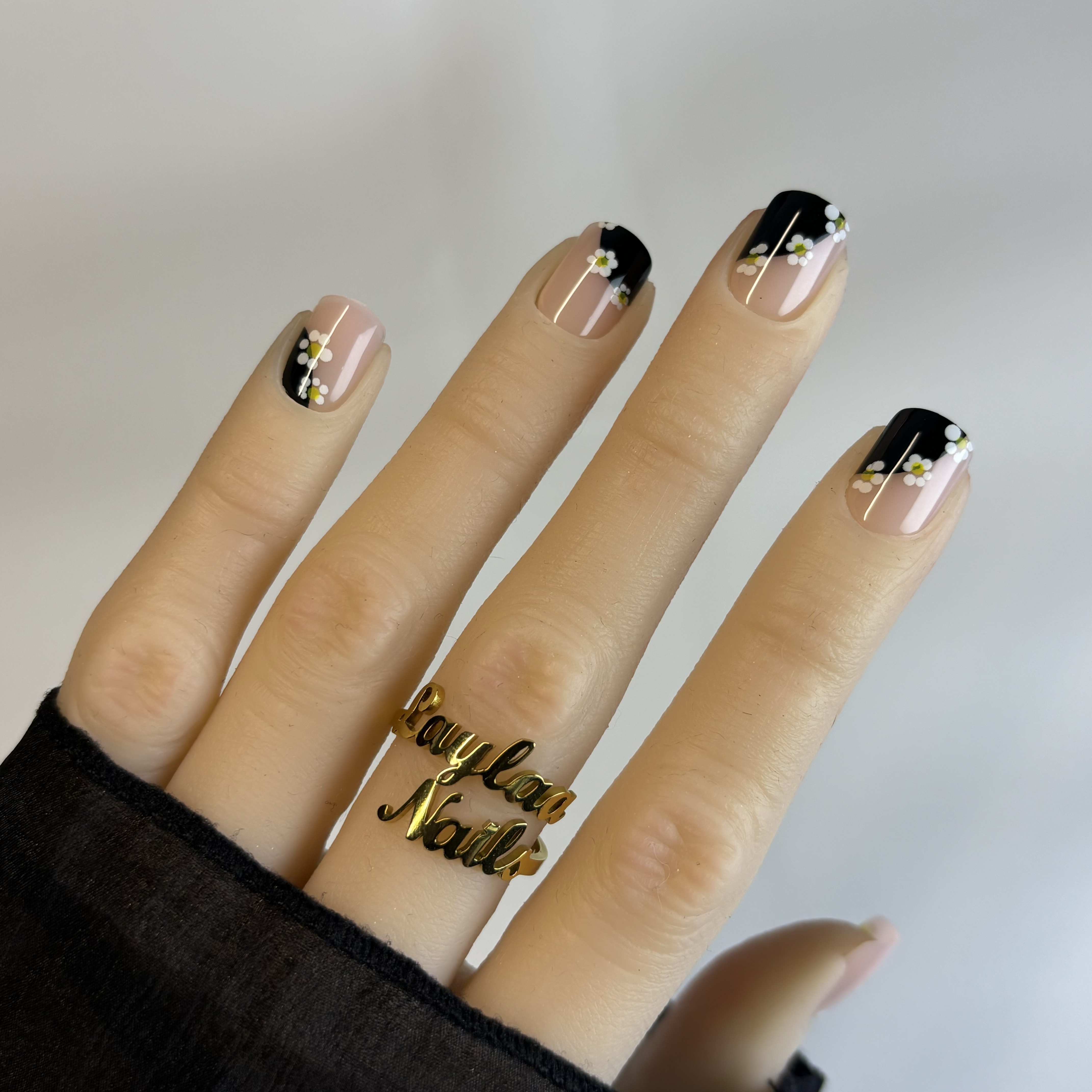 S33 Sunflower Black French Short nails