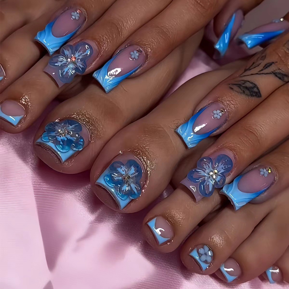 3D Blue Flowers French Foots &Hands Nails Set