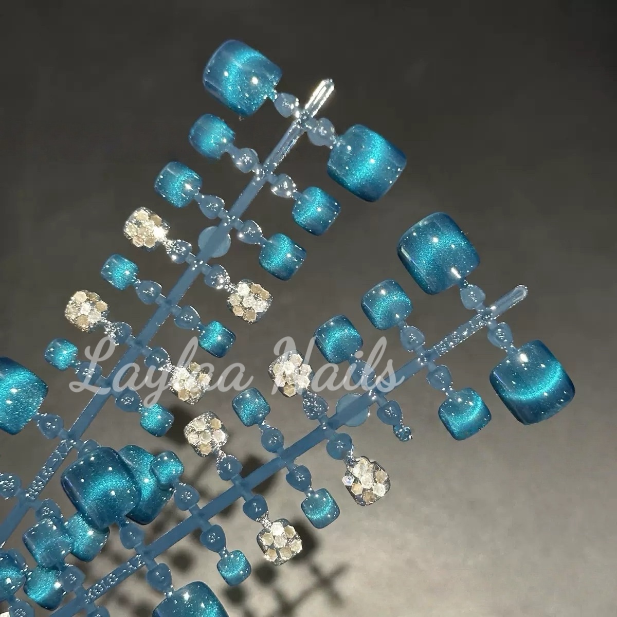 Blue French Tips Cat Eyes Diamond Toenails