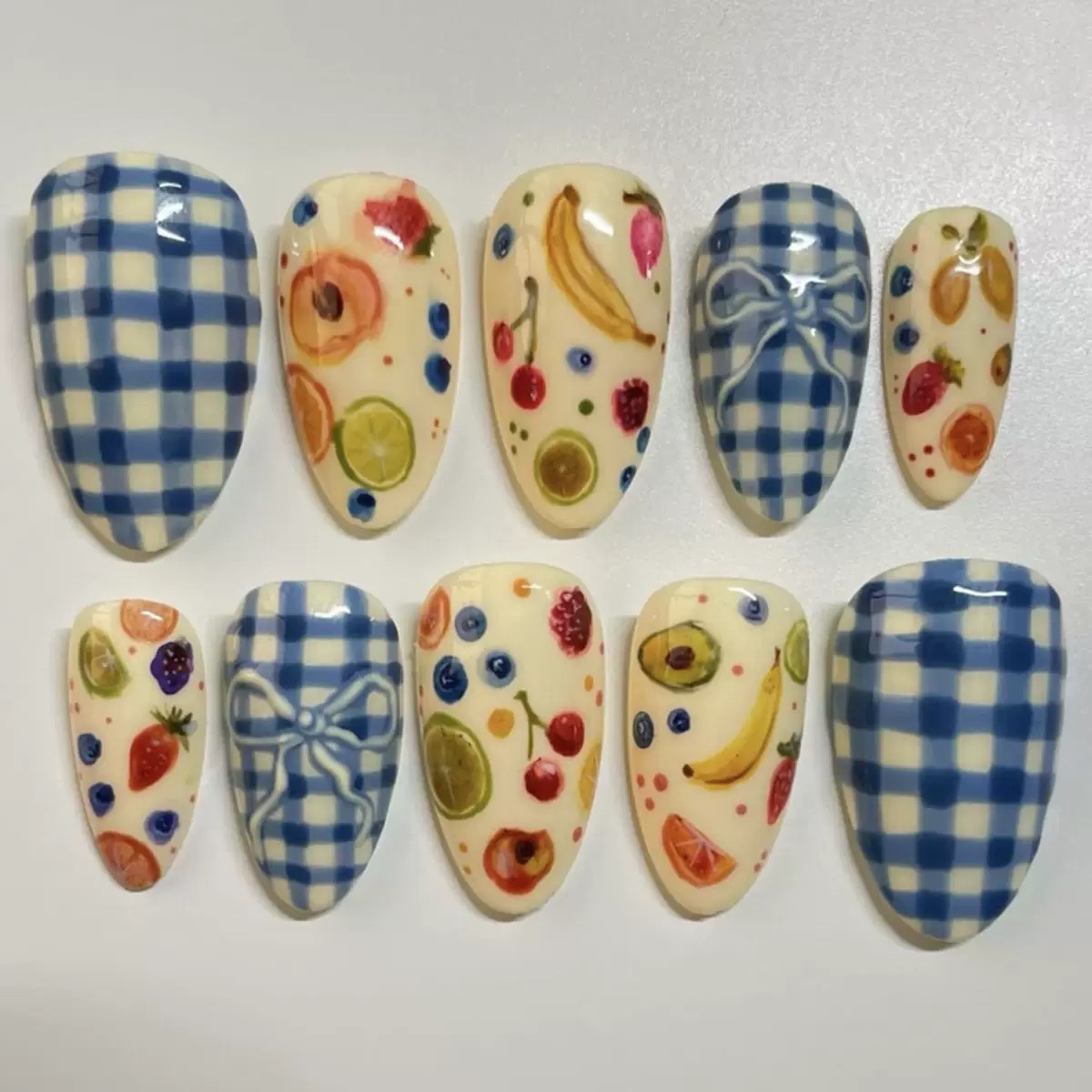 Blue Grid Fruit Medium Nails