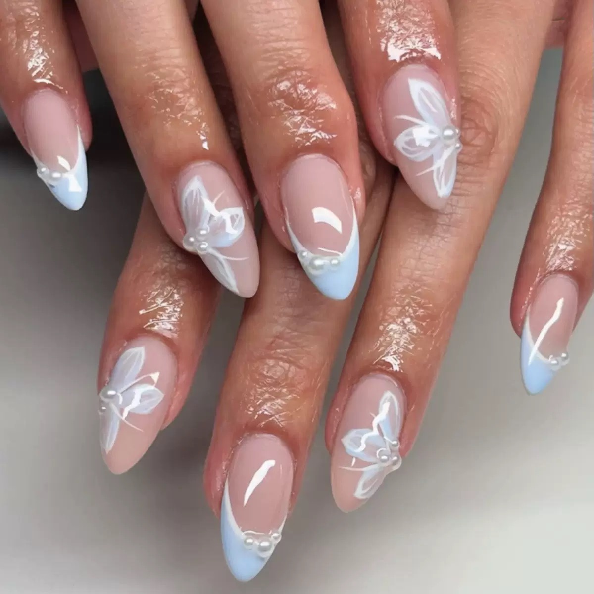 Baby Blue Pearl Butterfly Medium Nails