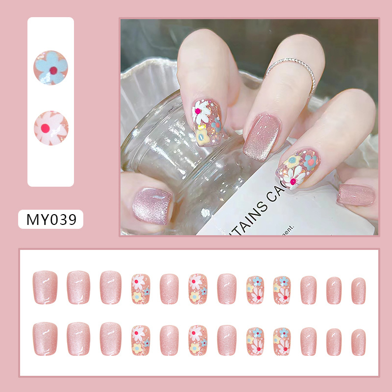 Spring Flower Cat Eye Short Nails