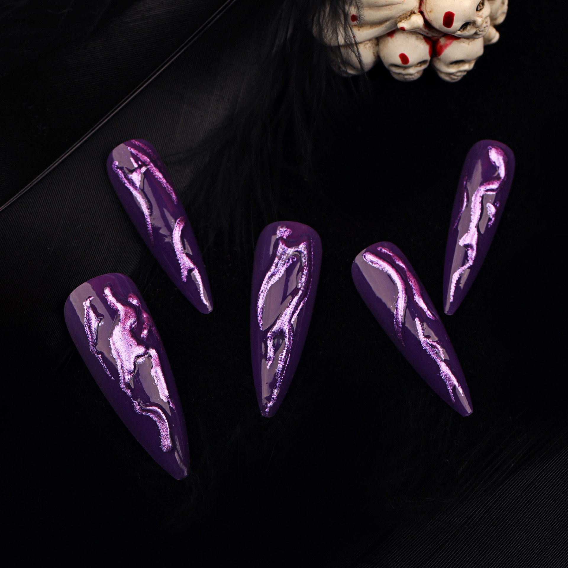 3D Purple Metal Halloween Long Nails