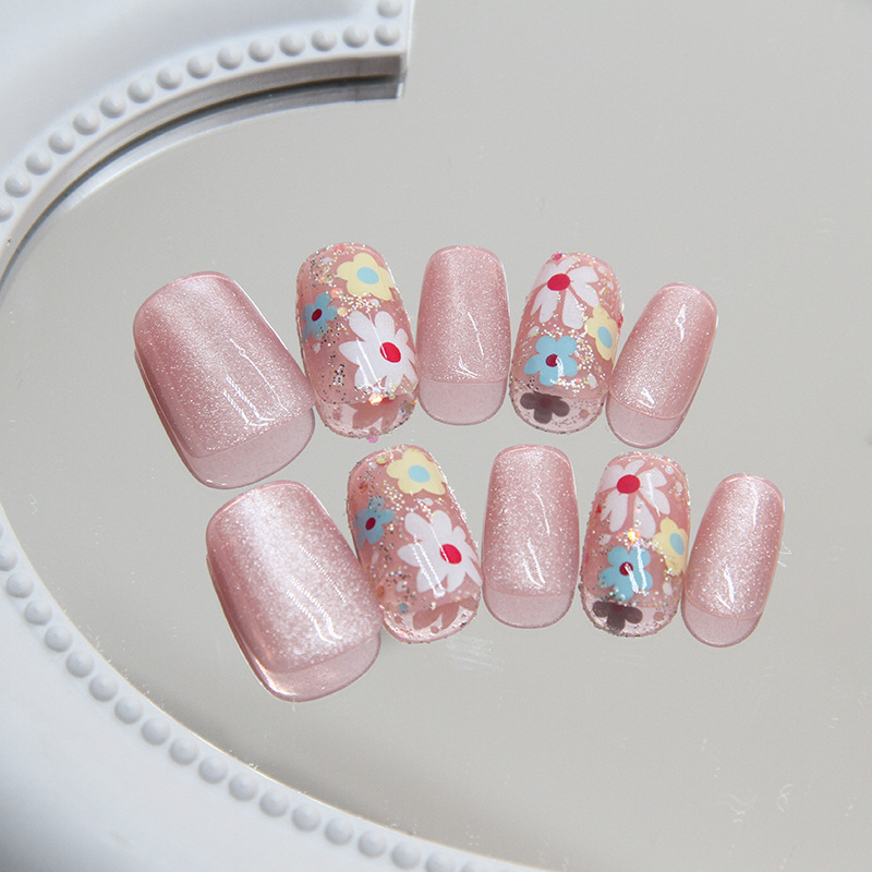 Spring Flower Cat Eye Short Nails