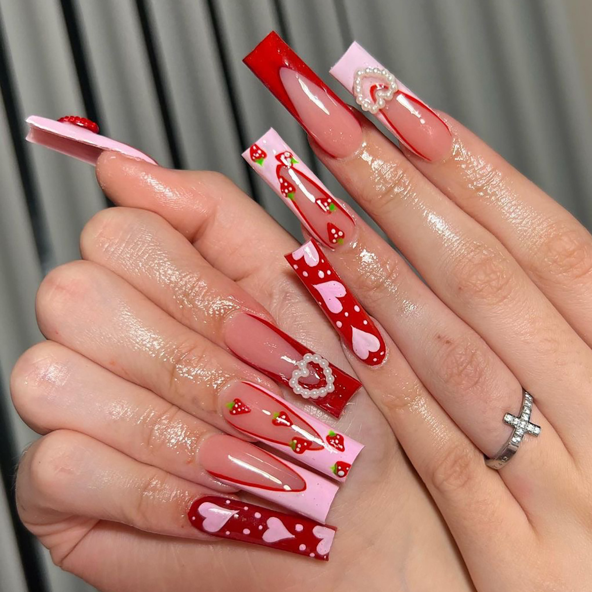 Strawberry Valentine's Day Long Nails