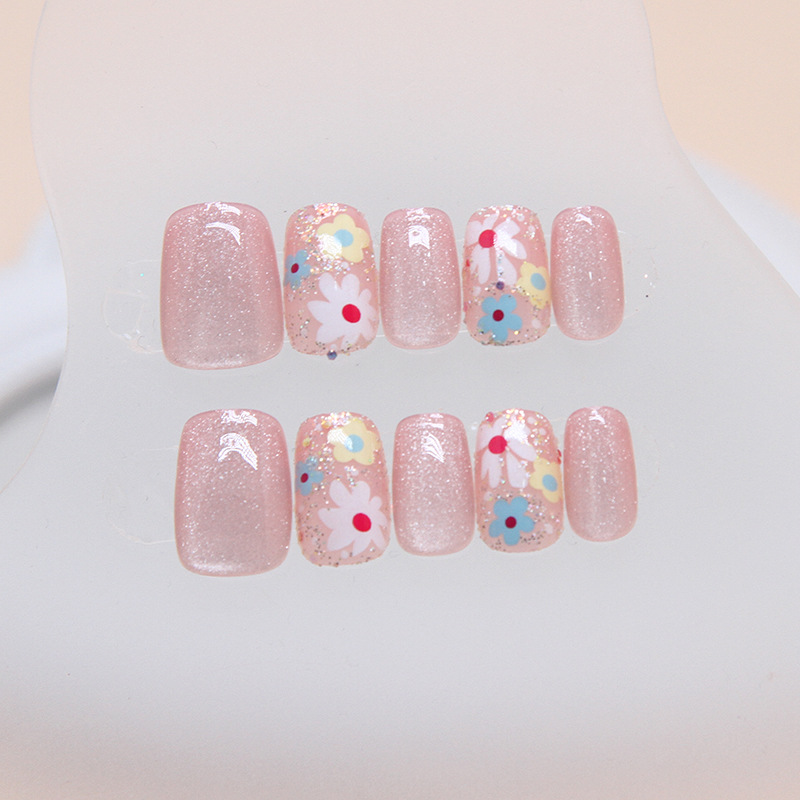 Spring Flower Cat Eye Short Nails