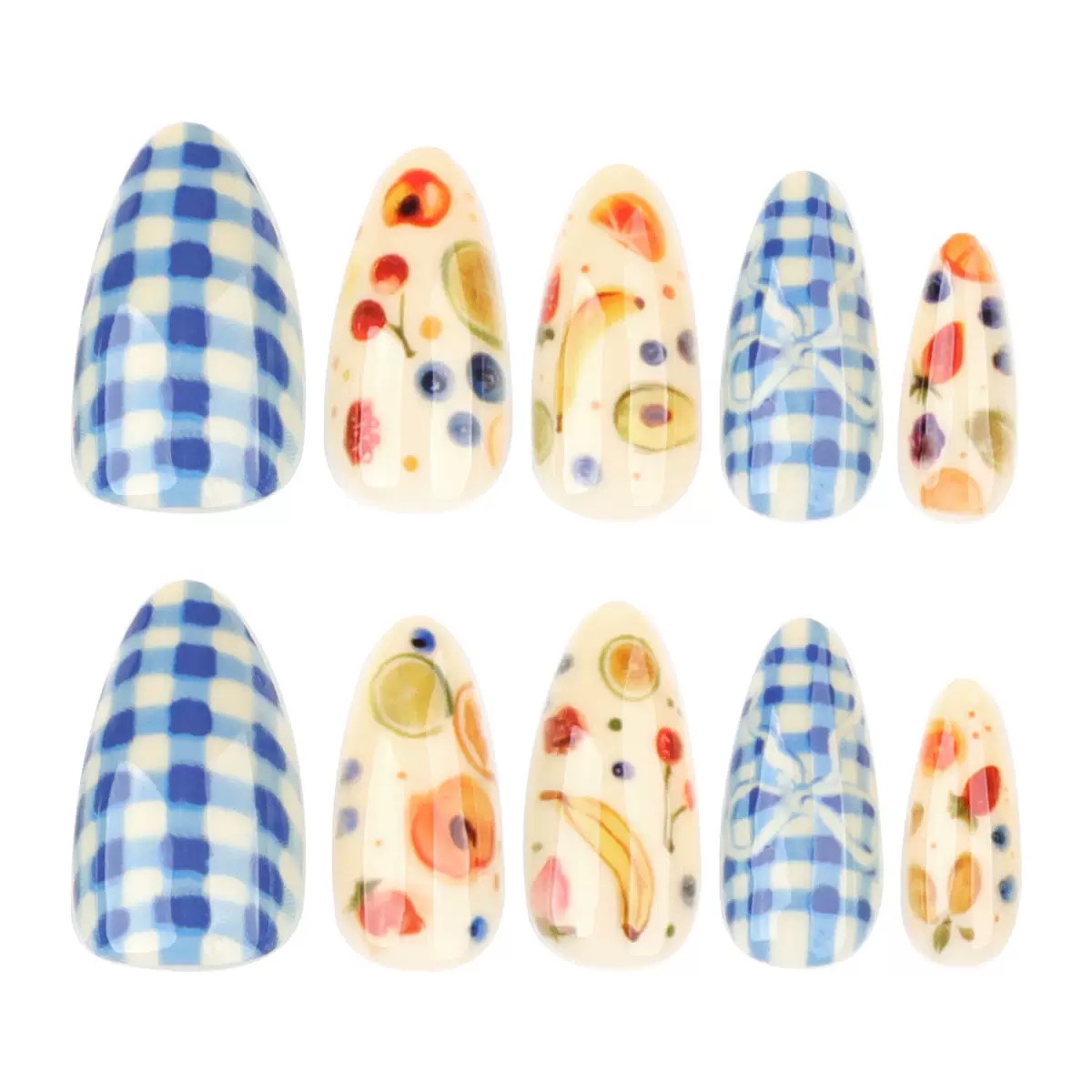 Blue Grid Fruit Medium Nails