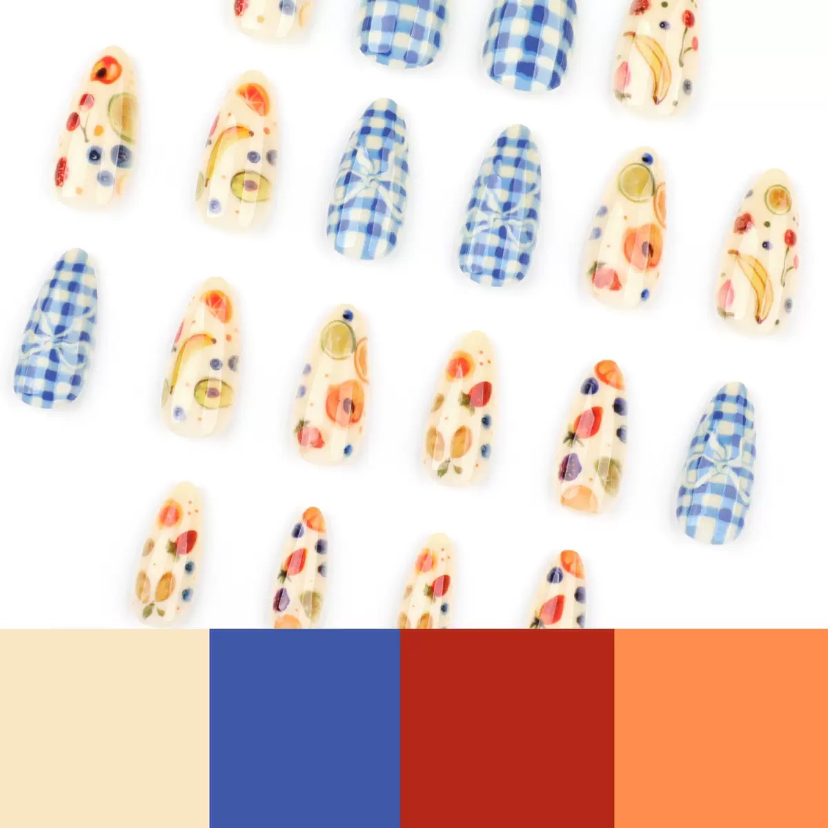 Blue Grid Fruit Medium Nails