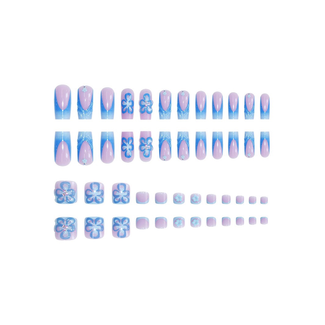 3D Blue Flowers French Foots &Hands Nails Set