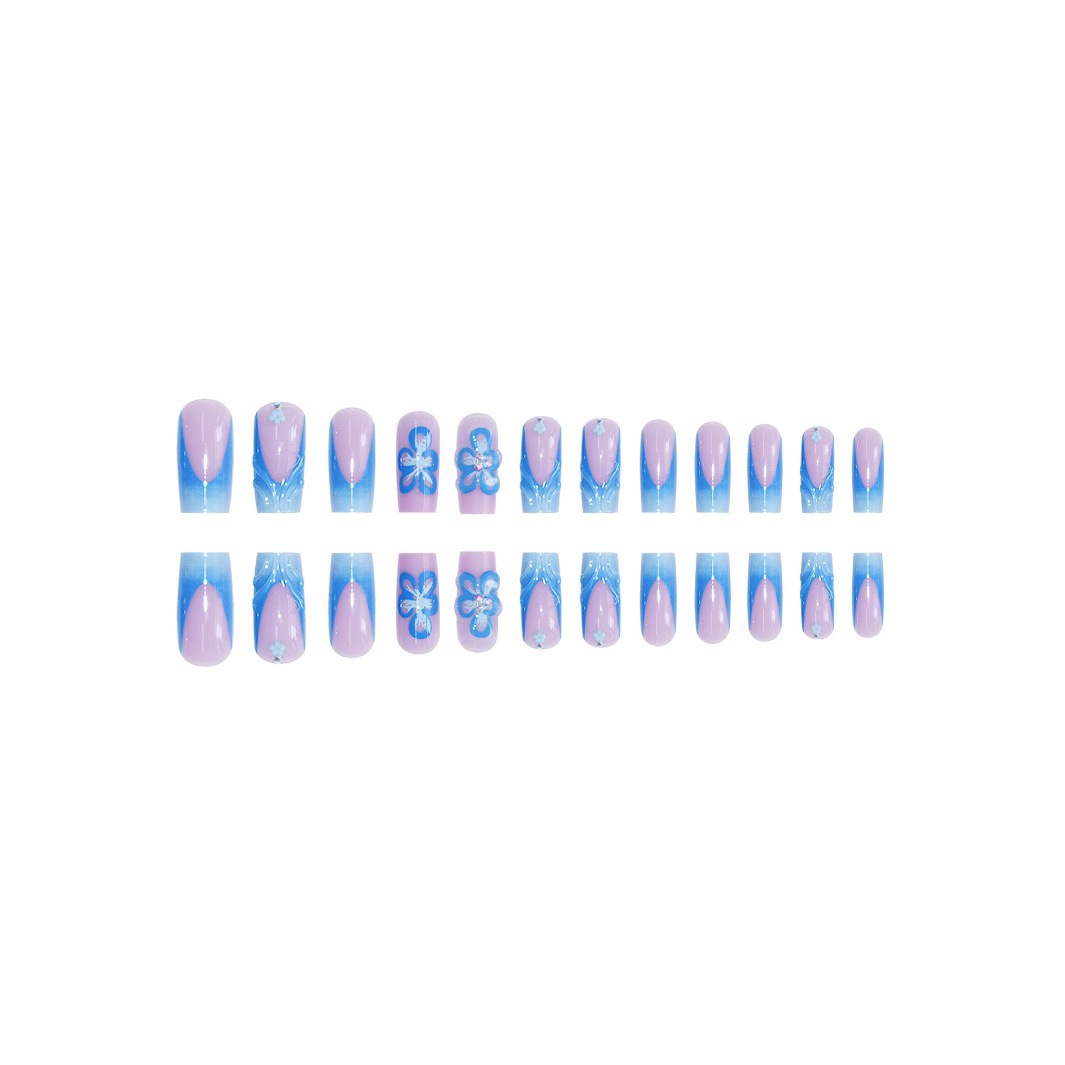 3D Blue Flowers French Foots &Hands Nails Set