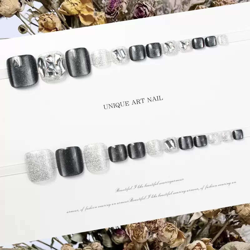 Glitter Black Press On Toenails