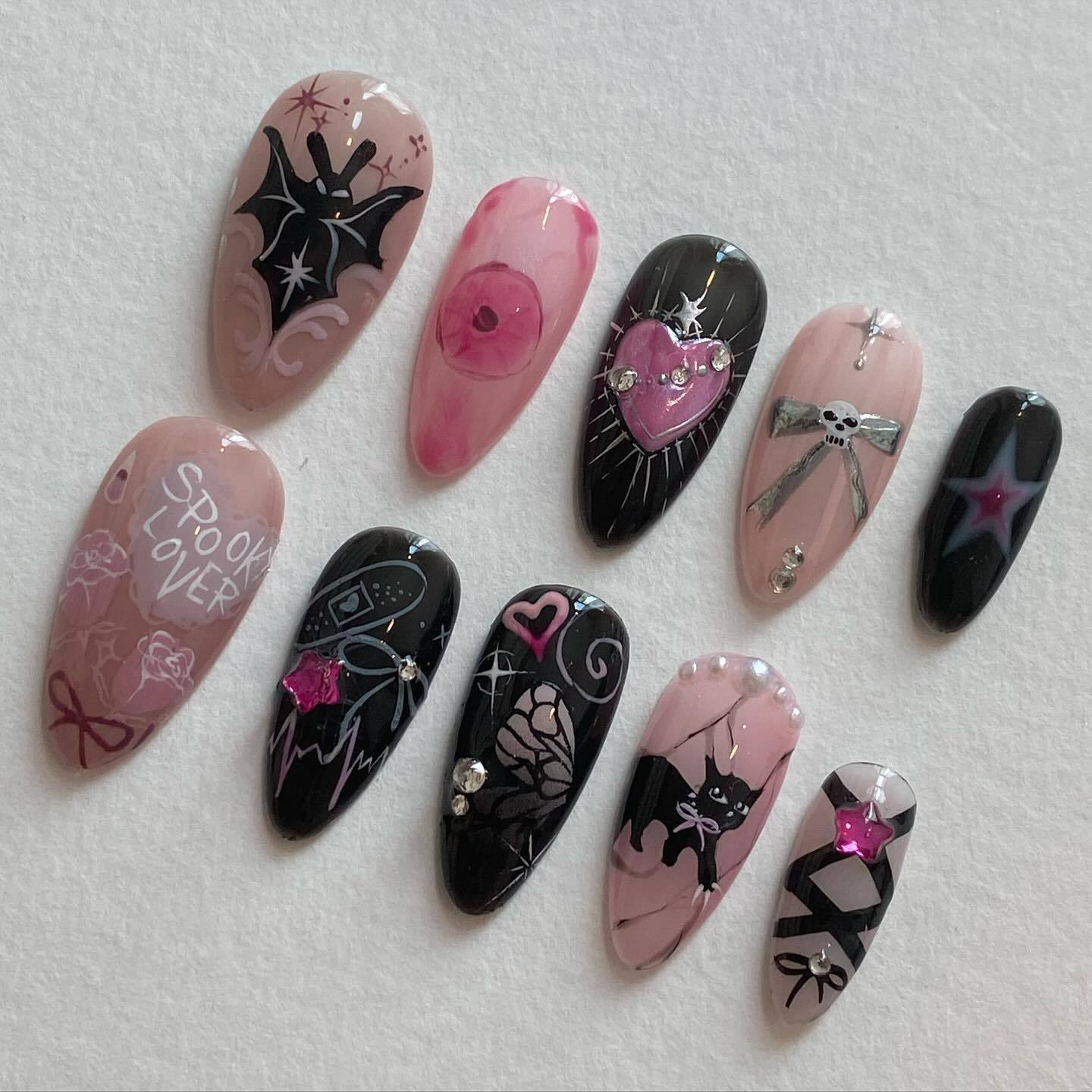 Pink Bat Halloween Medium Nails