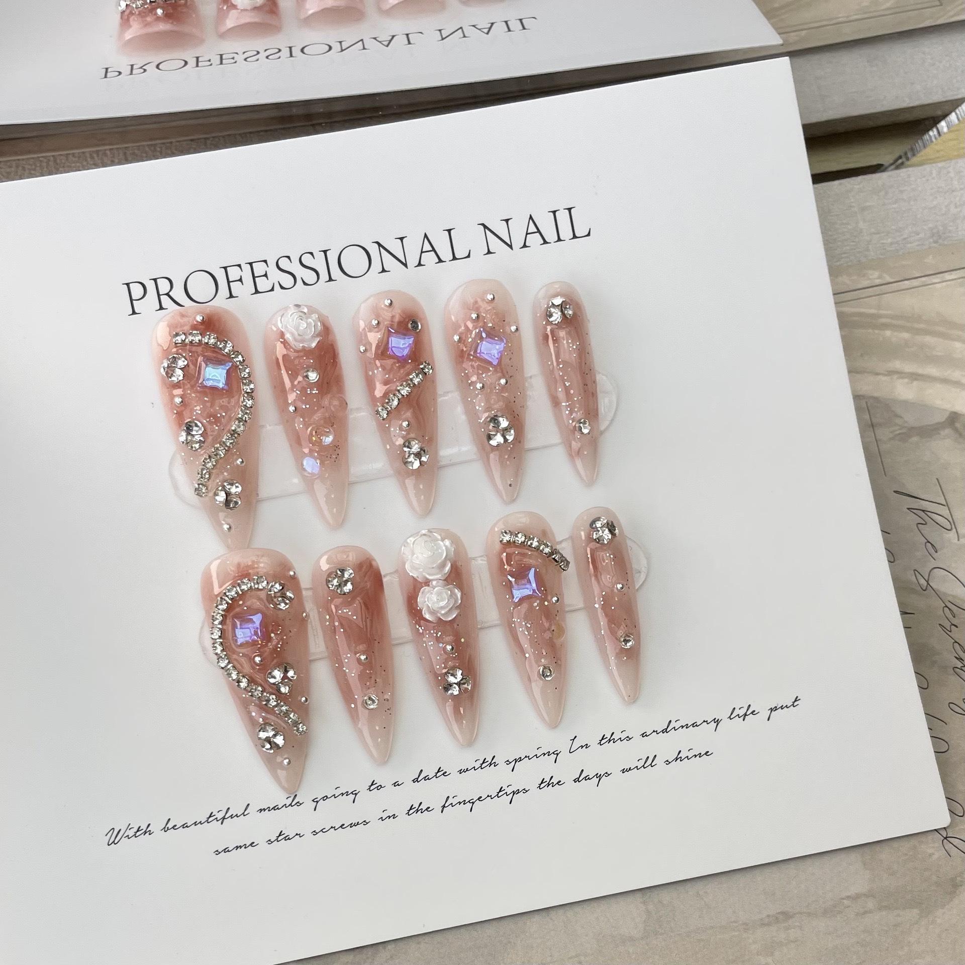 H33 Handmade pink blush Diamond Almond nail